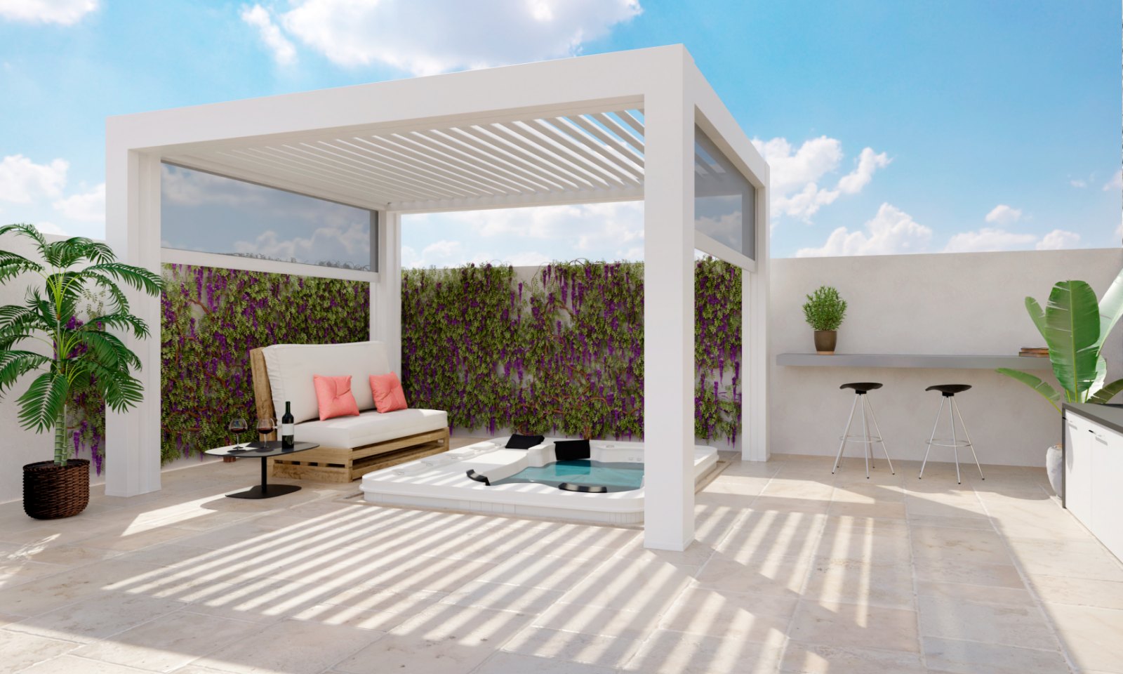 3D illustration of white outdoor bioclimatic pergola on urban patio with jacuzzi and barbecue. White pallet couch next to hot whirlpool bath.